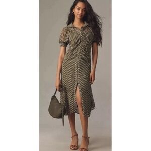 Anthropologie Puff-Sleeve Ruched Mesh Midi Shirt Dress 12 Ruched Cottage Boho